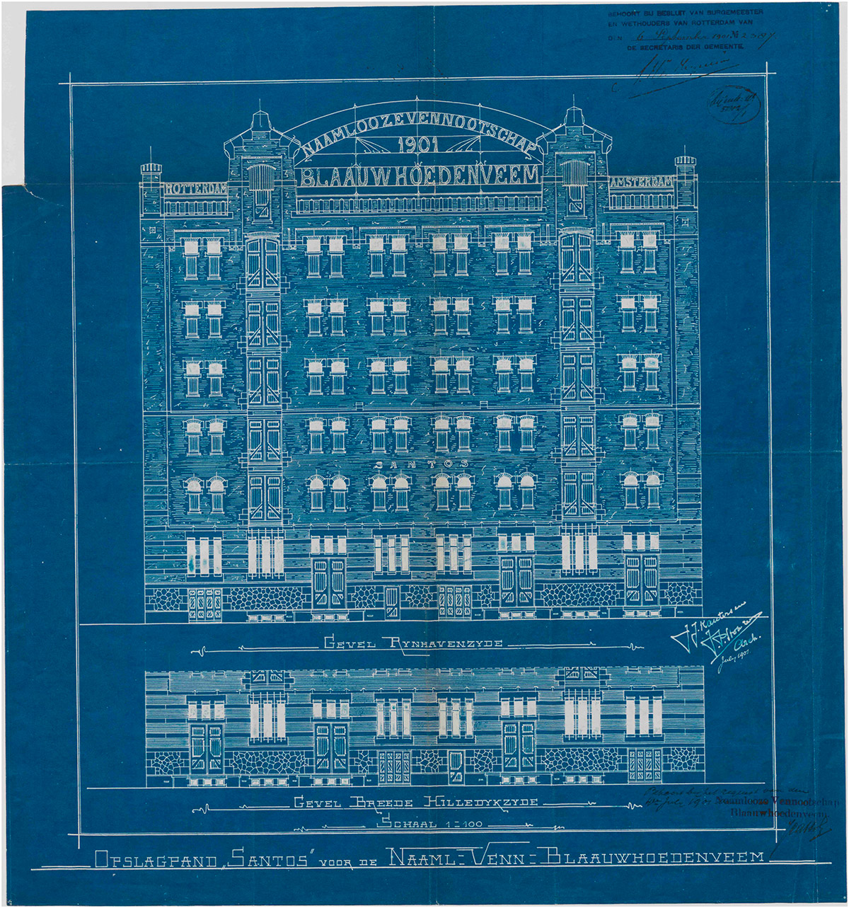 J.J. Kanters & J.P. Stok Wzn, Pakhuis Santos, voorgevel, Rijnhavenzijde, 1901, Collectie Stadsarchief Rotterdam