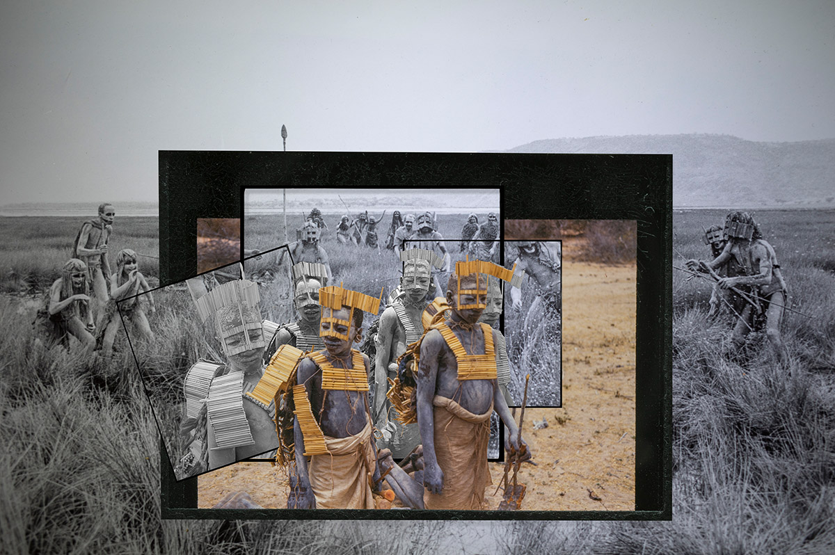 08Digitale collage van foto's gemaakt, respectievelijk, in 1935 door Paul Julien met een man in Gaoua, Opper Volta, en door Andrea Stultiens in 2013 en 2015 samen met een danser en muzikant van Footprints of David uit Nigeria en Kika Troupe uit Oeganda. Collage, Andrea Stultiens