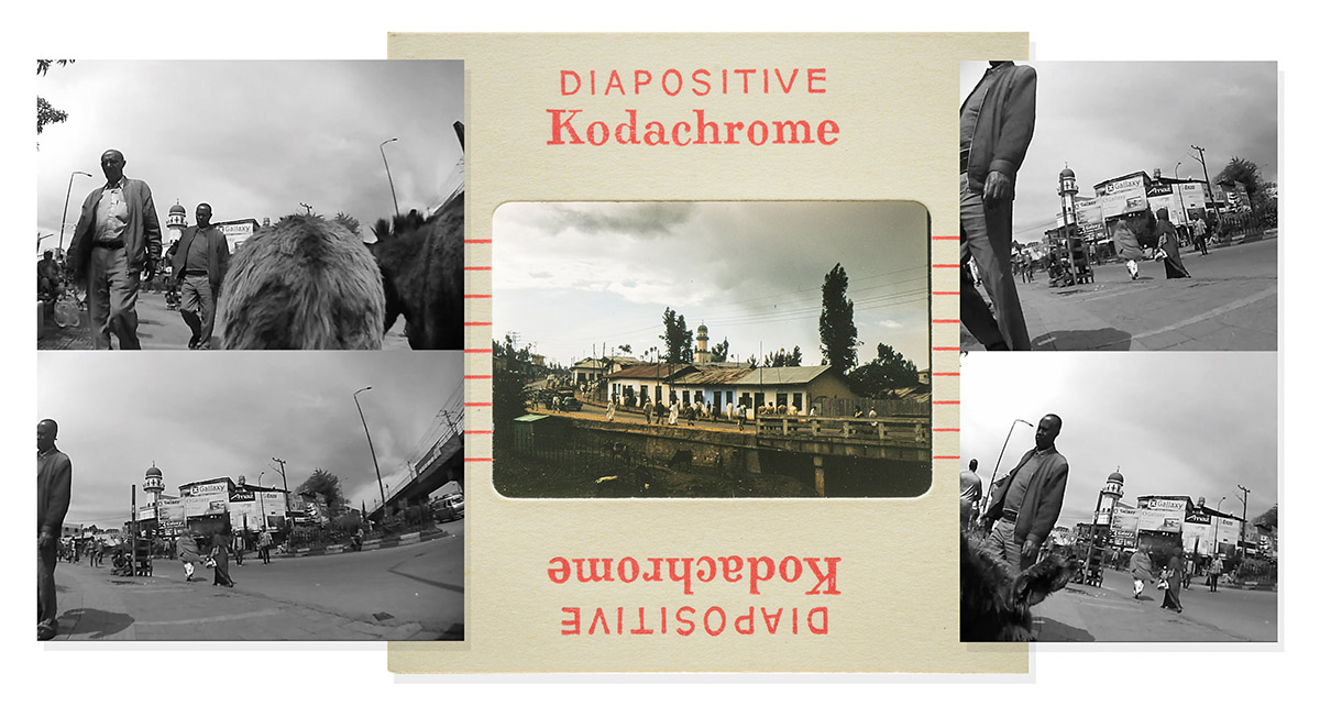 10Digitale collage van foto's geproduceerd in Tanganyika in 1947 door Paul Julien van een 'Besnijdeling van de Wagogo met rietmasker', en een still uit de film Quest for Fire (1982). Collage, Andrea Stultiens